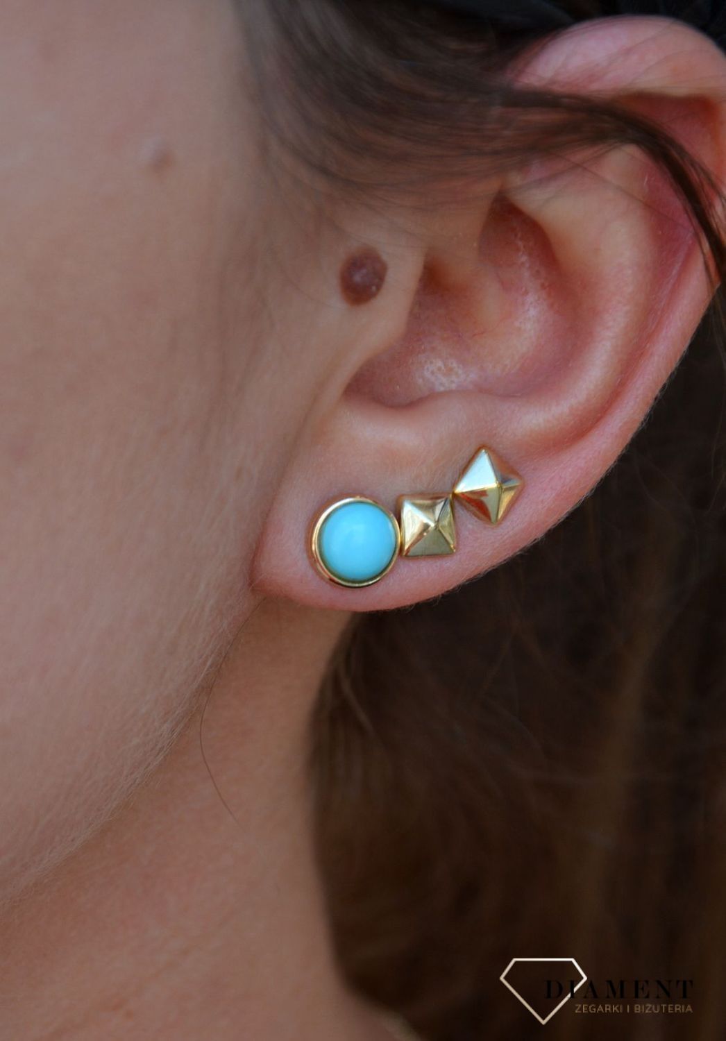 Złote kolczyki 585 przy uchu kółka z turkusem KL 9401A.jpg